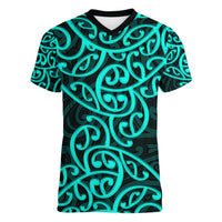 New Zealand Women V Neck T Shirt Maori Pattern Turquoise LT6 Female Green - Polynesian Pride