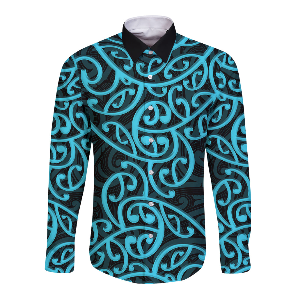 New Zealand Long Sleeve Button Shirt Maori Pattern Light Blue LT6 Unisex Blue - Polynesian Pride