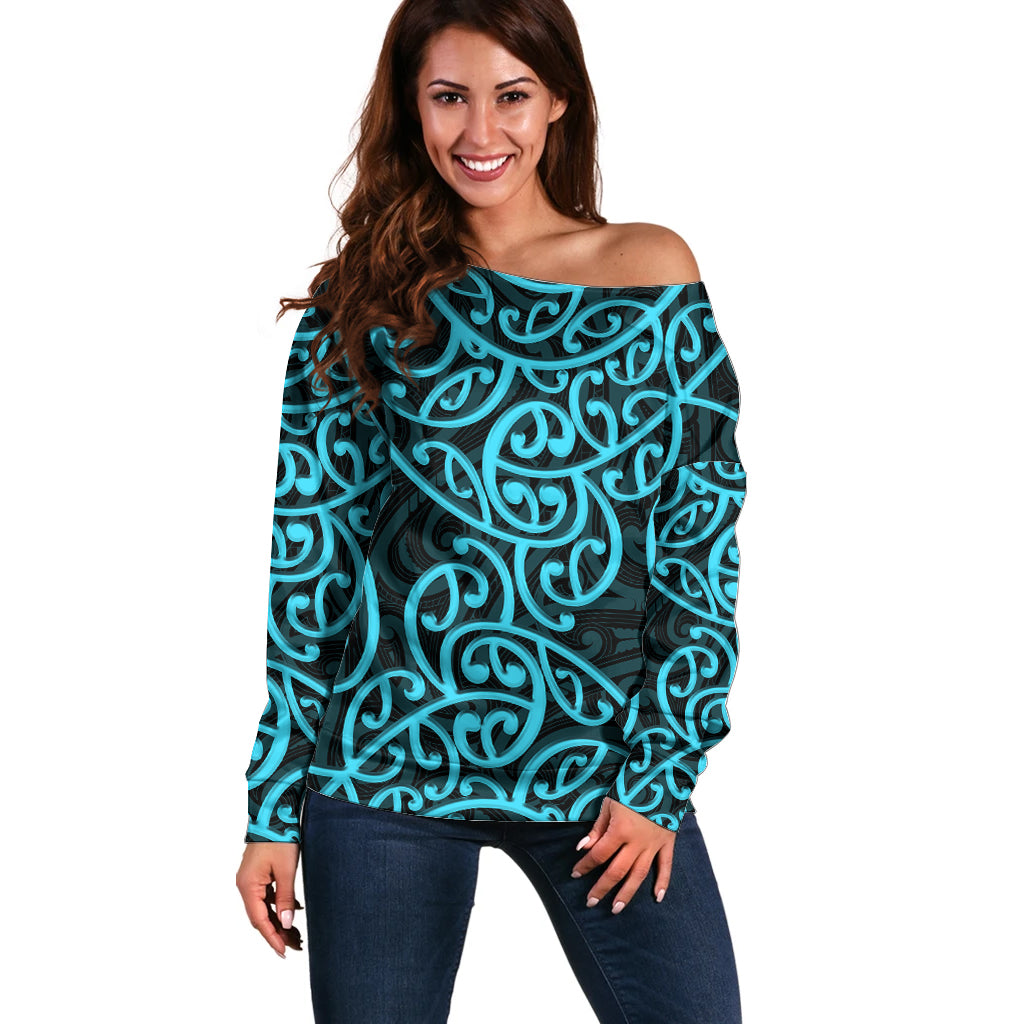 New Zealand Off Shoulder Sweater Maori Pattern Light Blue LT6 Women Blue - Polynesian Pride