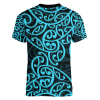 New Zealand Women V Neck T Shirt Maori Pattern Light Blue LT6 - Polynesian Pride