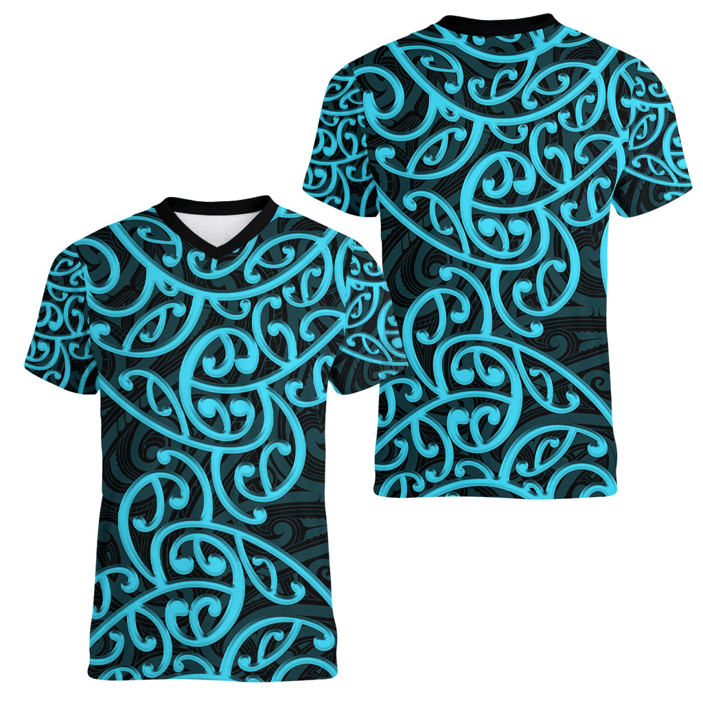 New Zealand Women V Neck T Shirt Maori Pattern Light Blue LT6 - Polynesian Pride