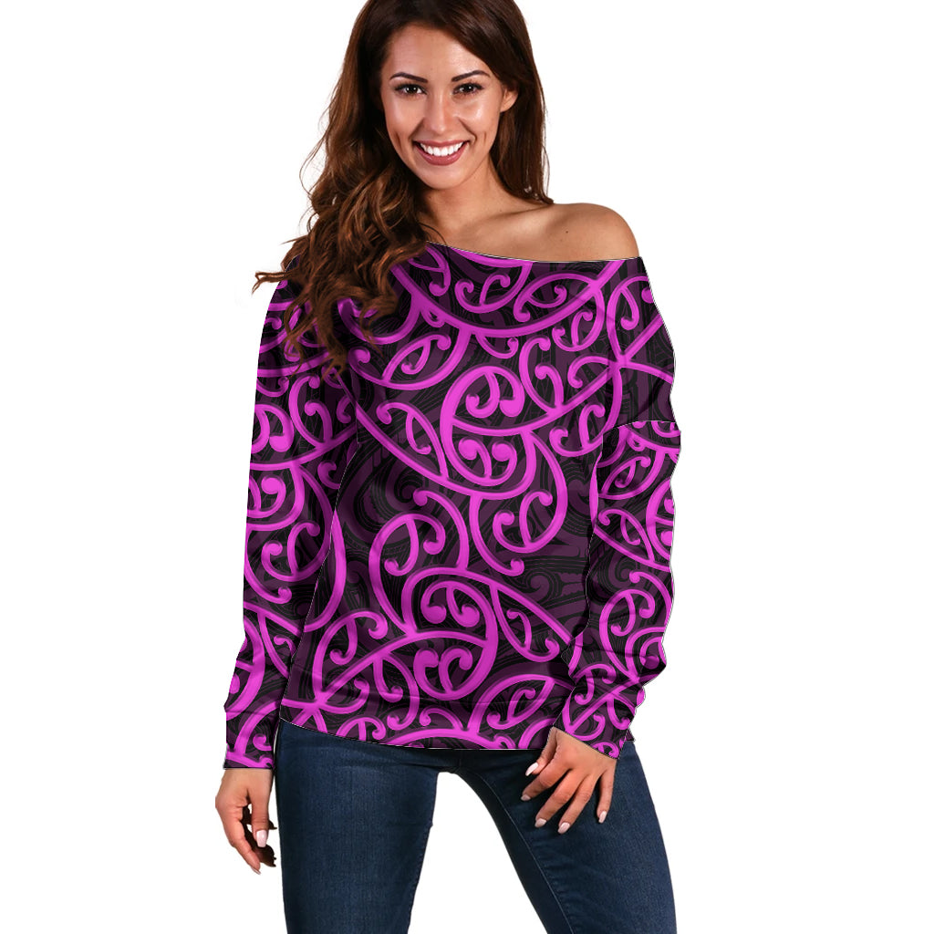 New Zealand Off Shoulder Sweater Maori Pattern Purple LT6 Women Purple - Polynesian Pride
