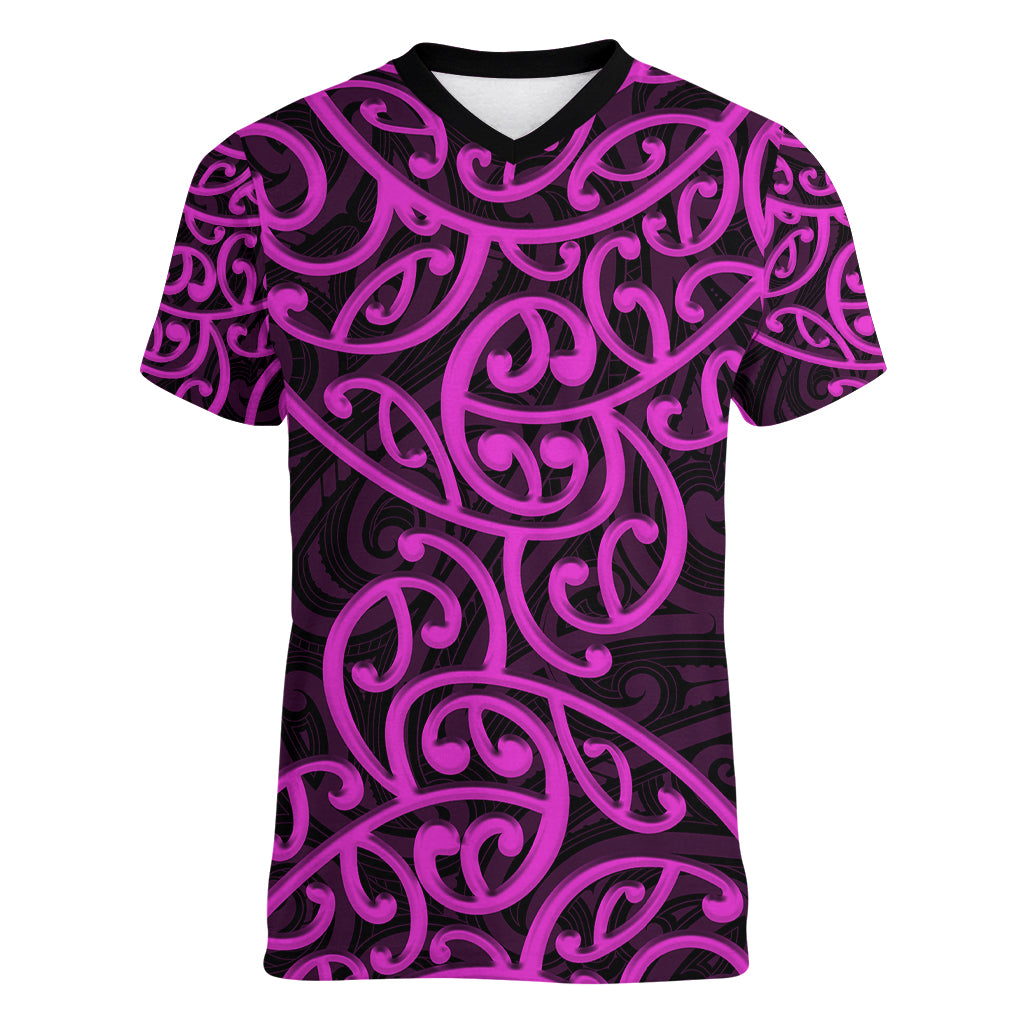 New Zealand Women V Neck T Shirt Maori Pattern Purple LT6 Female Purple - Polynesian Pride