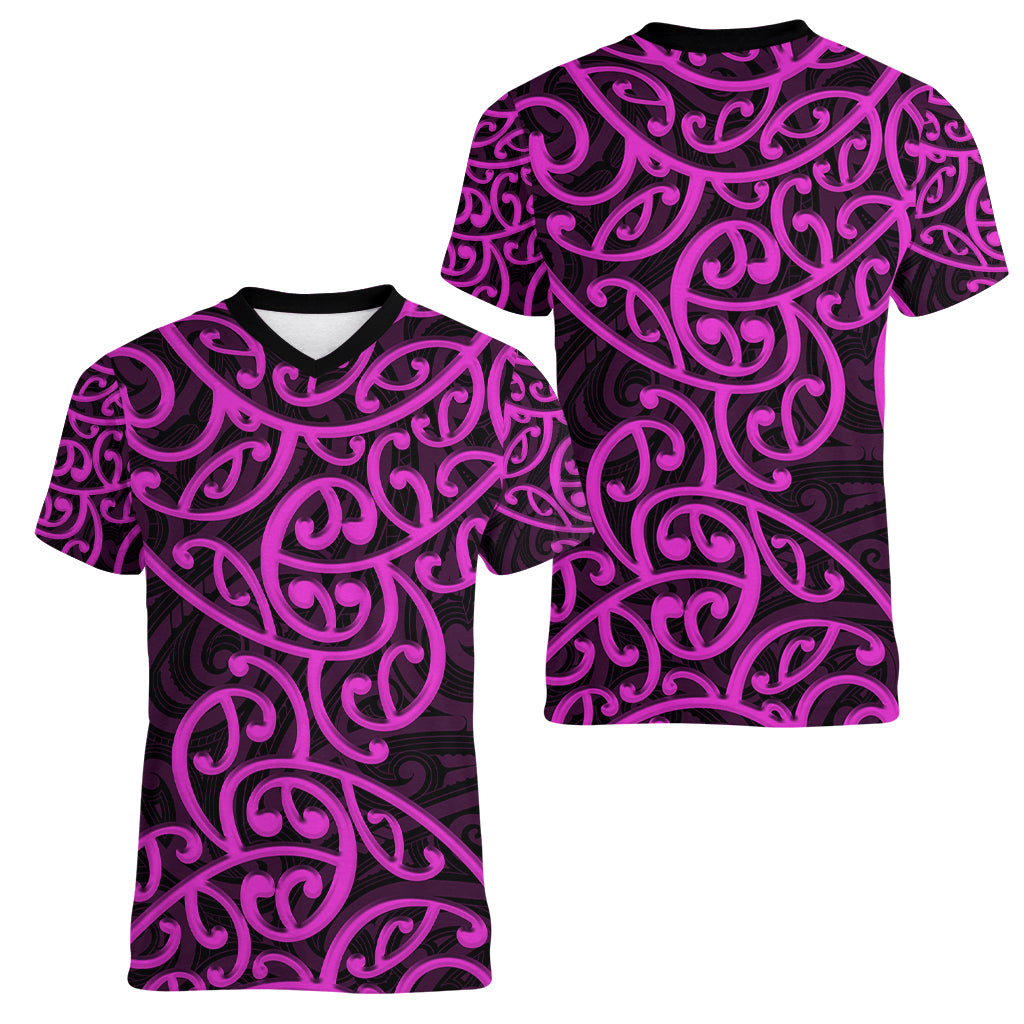 New Zealand Women V Neck T Shirt Maori Pattern Purple LT6 - Polynesian Pride