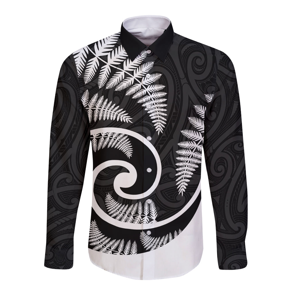 New Zealand Long Sleeve Button Shirt Maori With Silver Fern White LT6 Unisex White - Polynesian Pride