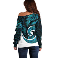 New Zealand Off Shoulder Sweater Maori With Silver Fern Papua Shell Green Ver.1 LT6 - Polynesian Pride
