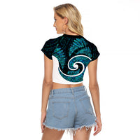New Zealand Raglan Cropped T Shirt Maori With Silver Fern Papua Shell Green Ver.1 LT6 - Polynesian Pride