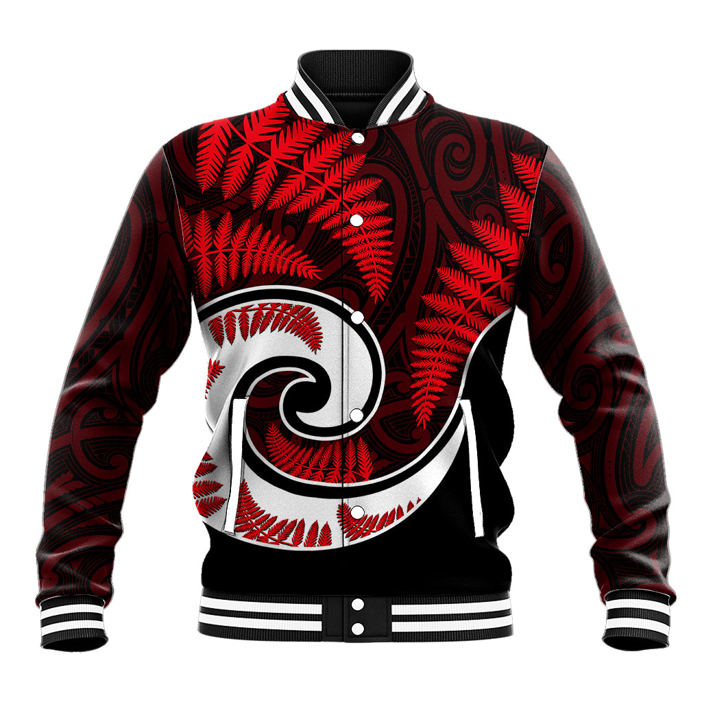 New Zealand Baseball Jacket Maori With Silver Fern Red LT6 Unisex Red - Polynesian Pride