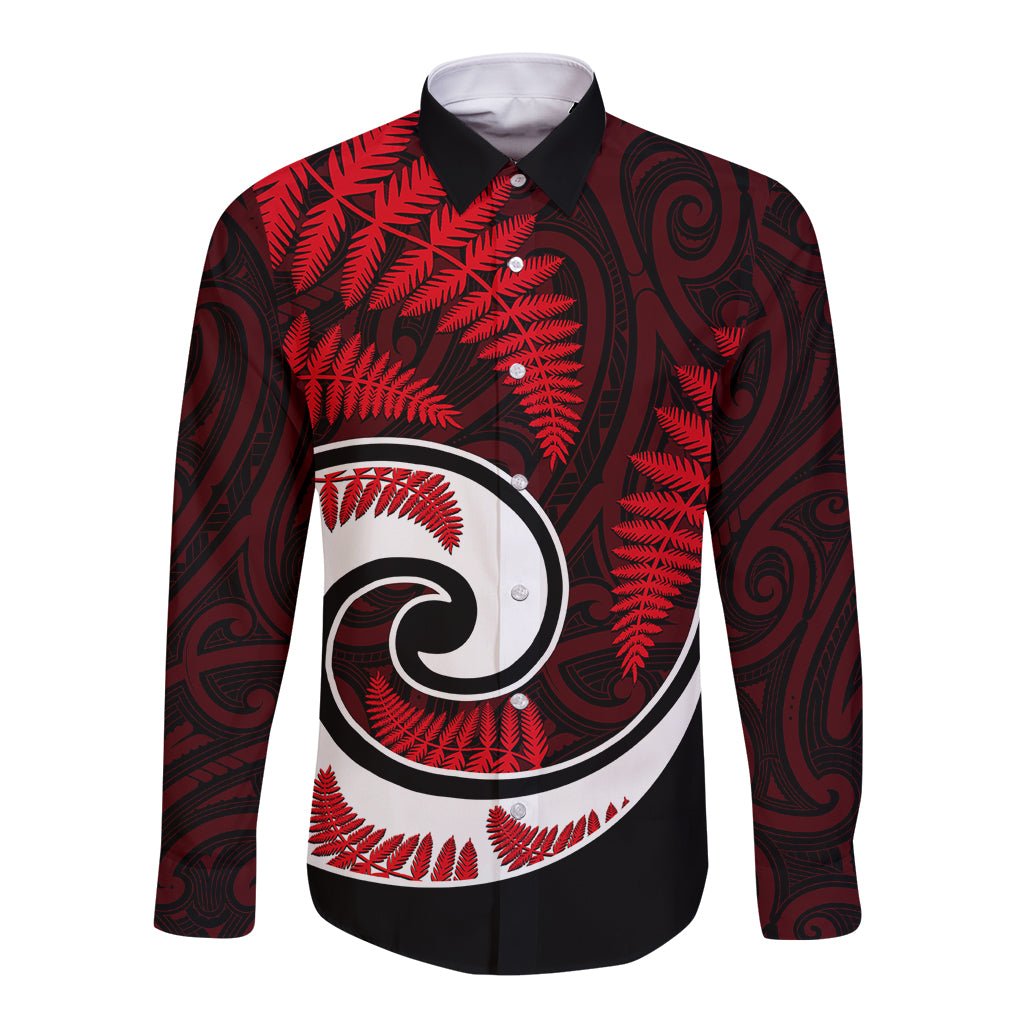 New Zealand Long Sleeve Button Shirt Maori With Silver Fern Red LT6 Unisex Red - Polynesian Pride