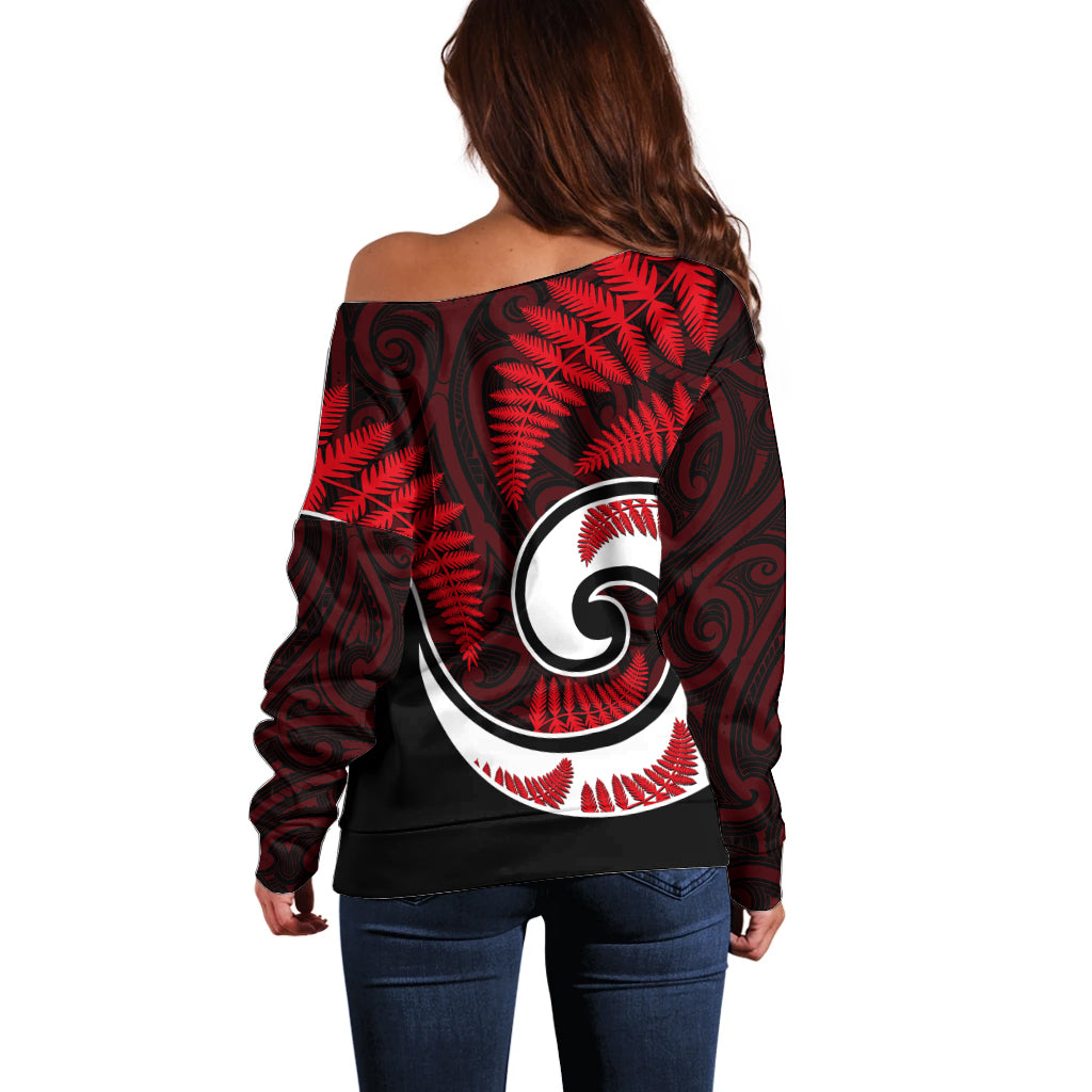 New Zealand Off Shoulder Sweater Maori With Silver Fern Red LT6 - Polynesian Pride
