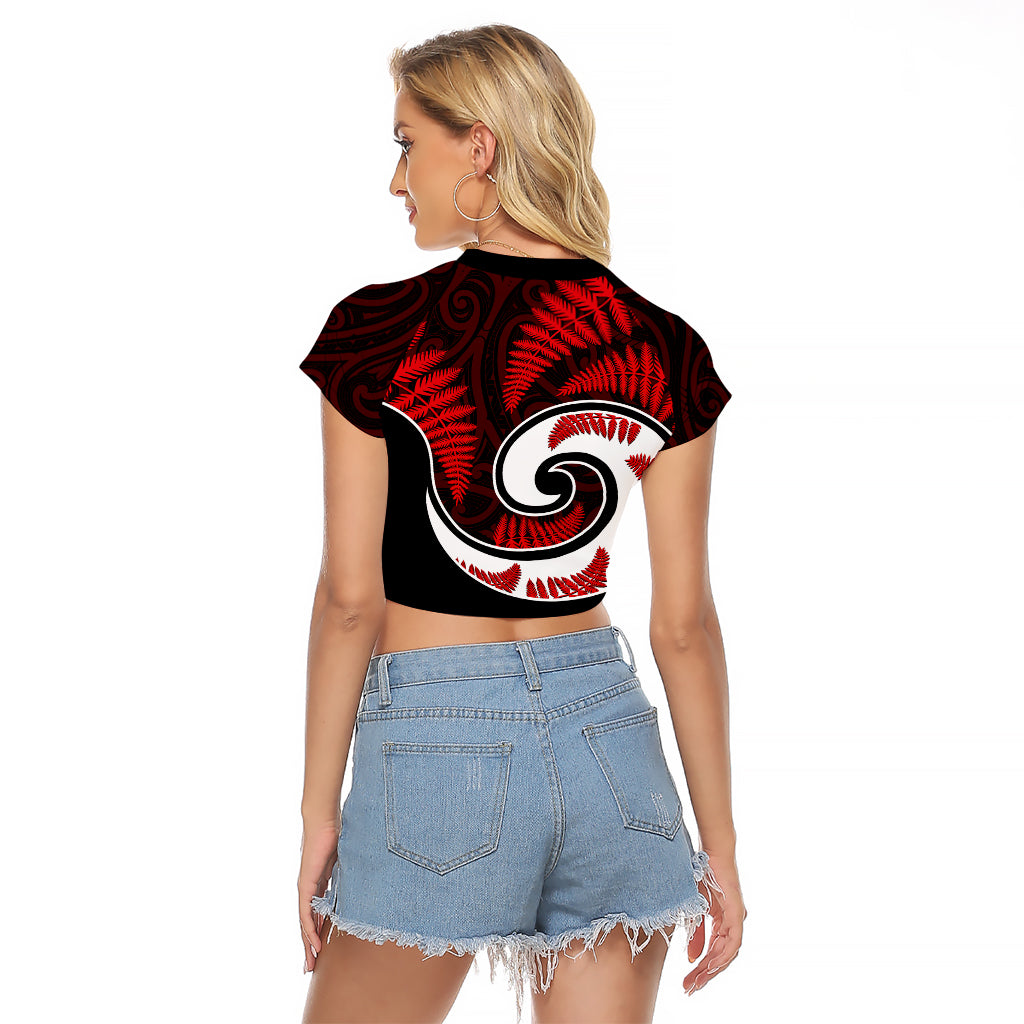 New Zealand Raglan Cropped T Shirt Maori With Silver Fern Red LT6 - Polynesian Pride