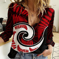 New Zealand Women Casual Shirt Maori With Silver Fern Red LT6 Female Red - Polynesian Pride