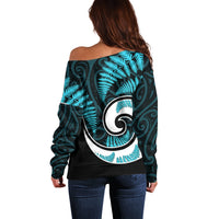 New Zealand Off Shoulder Sweater Maori With Silver Fern Light Blue LT6 - Polynesian Pride