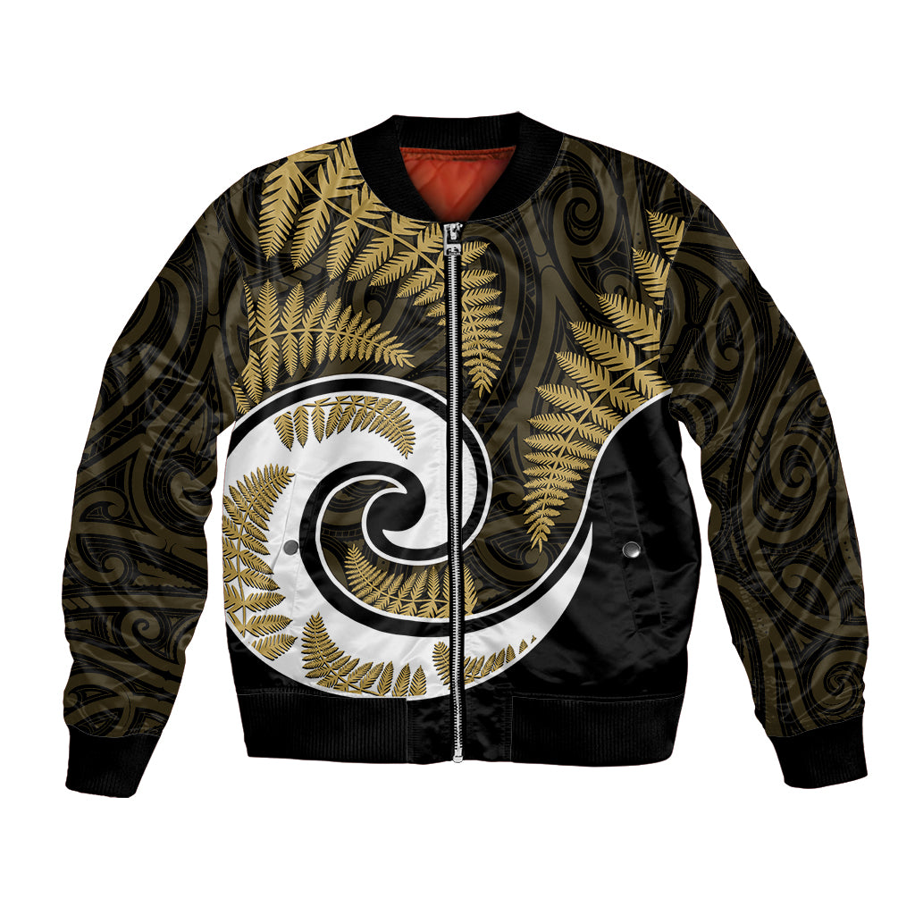 New Zealand Bomber Jacket Maori With Silver Fern Gold LT6 Unisex Gold - Polynesian Pride