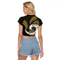 New Zealand Raglan Cropped T Shirt Maori With Silver Fern Gold LT6 - Polynesian Pride
