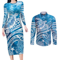 World Ocean Day Polynesian Pattern Couples Matching Long Sleeve Bodycon Dress and Long Sleeve Button Shirt Crystal Waves