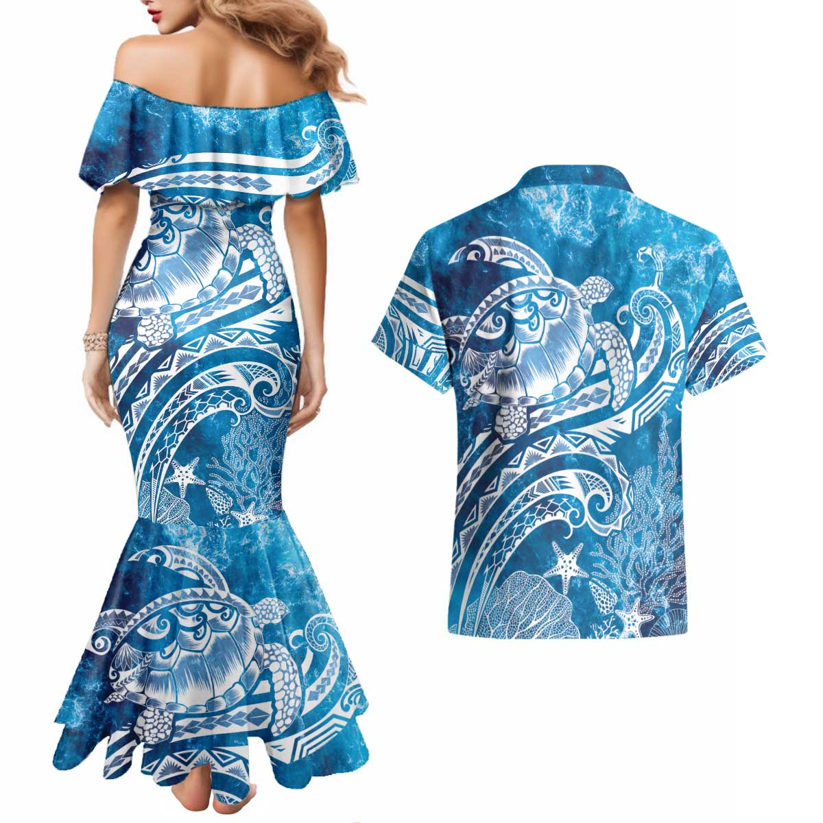 World Ocean Day Polynesian Pattern Couples Matching Mermaid Dress and Hawaiian Shirt Crystal Waves