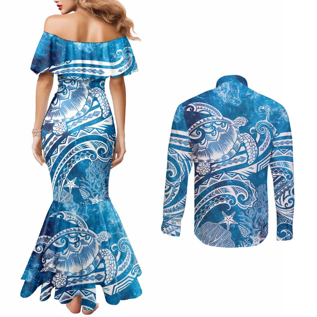 World Ocean Day Polynesian Pattern Couples Matching Mermaid Dress and Long Sleeve Button Shirt Crystal Waves