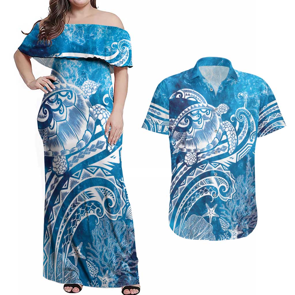 World Ocean Day Polynesian Pattern Couples Matching Off Shoulder Maxi Dress and Hawaiian Shirt Crystal Waves LT7 Blue - Polynesian Pride