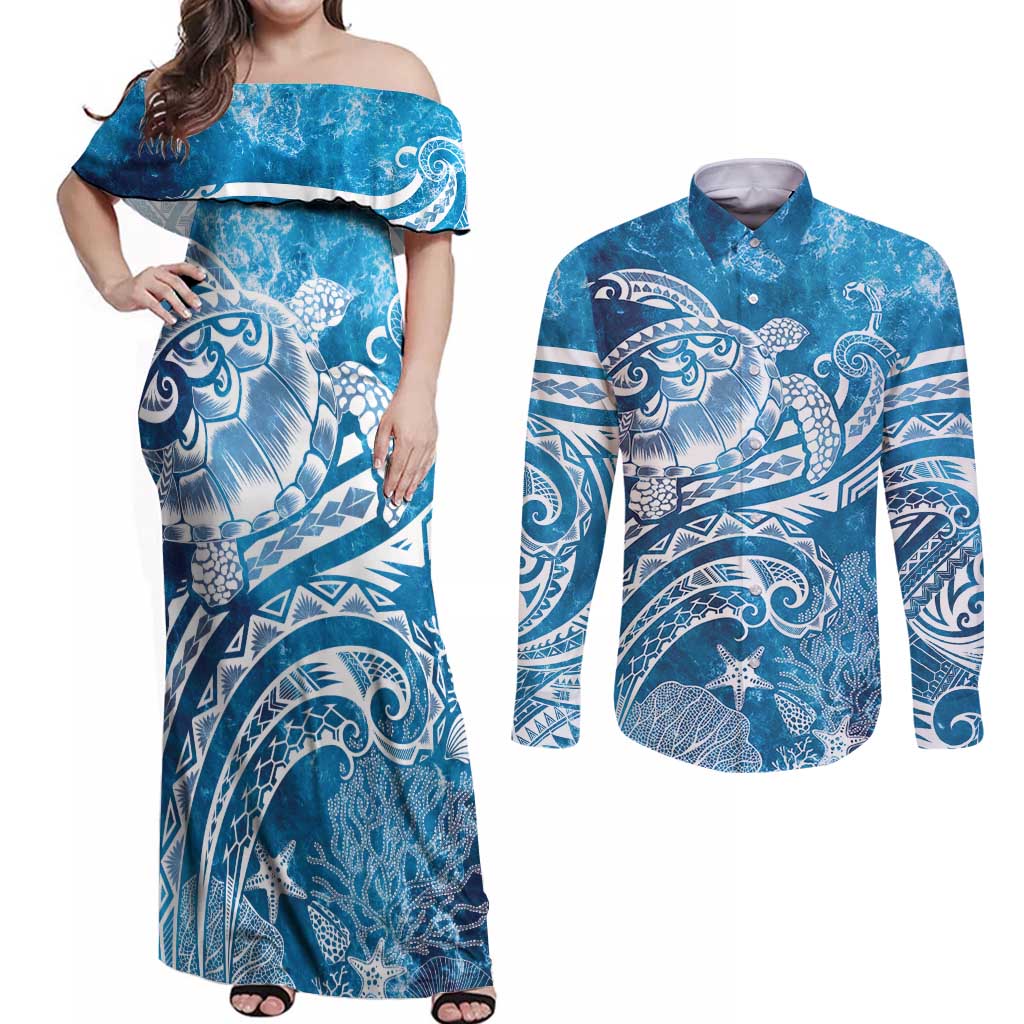 World Ocean Day Polynesian Pattern Couples Matching Off Shoulder Maxi Dress and Long Sleeve Button Shirt Crystal Waves