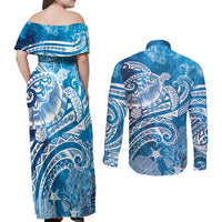 World Ocean Day Polynesian Pattern Couples Matching Off Shoulder Maxi Dress and Long Sleeve Button Shirt Crystal Waves