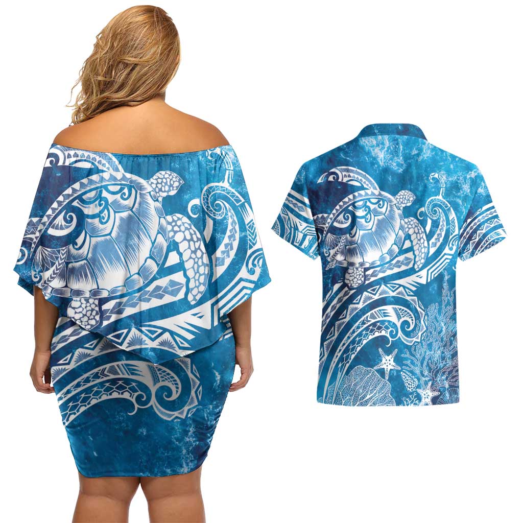 World Ocean Day Polynesian Pattern Couples Matching Off Shoulder Short Dress and Hawaiian Shirt Crystal Waves