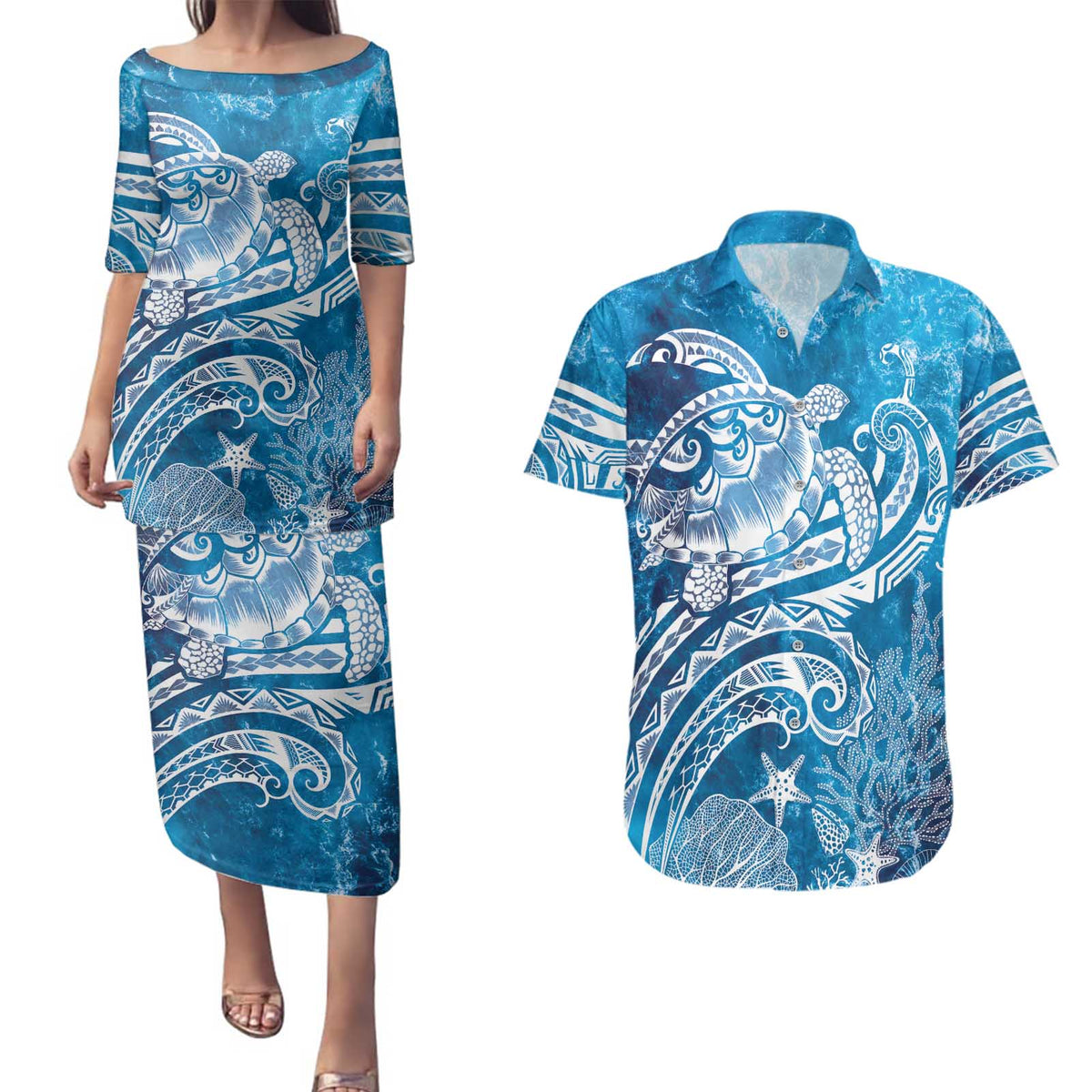 World Ocean Day Polynesian Pattern Couples Matching Puletasi and Hawaiian Shirt Crystal Waves