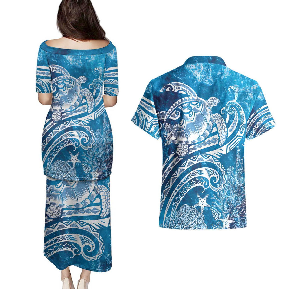 World Ocean Day Polynesian Pattern Couples Matching Puletasi and Hawaiian Shirt Crystal Waves