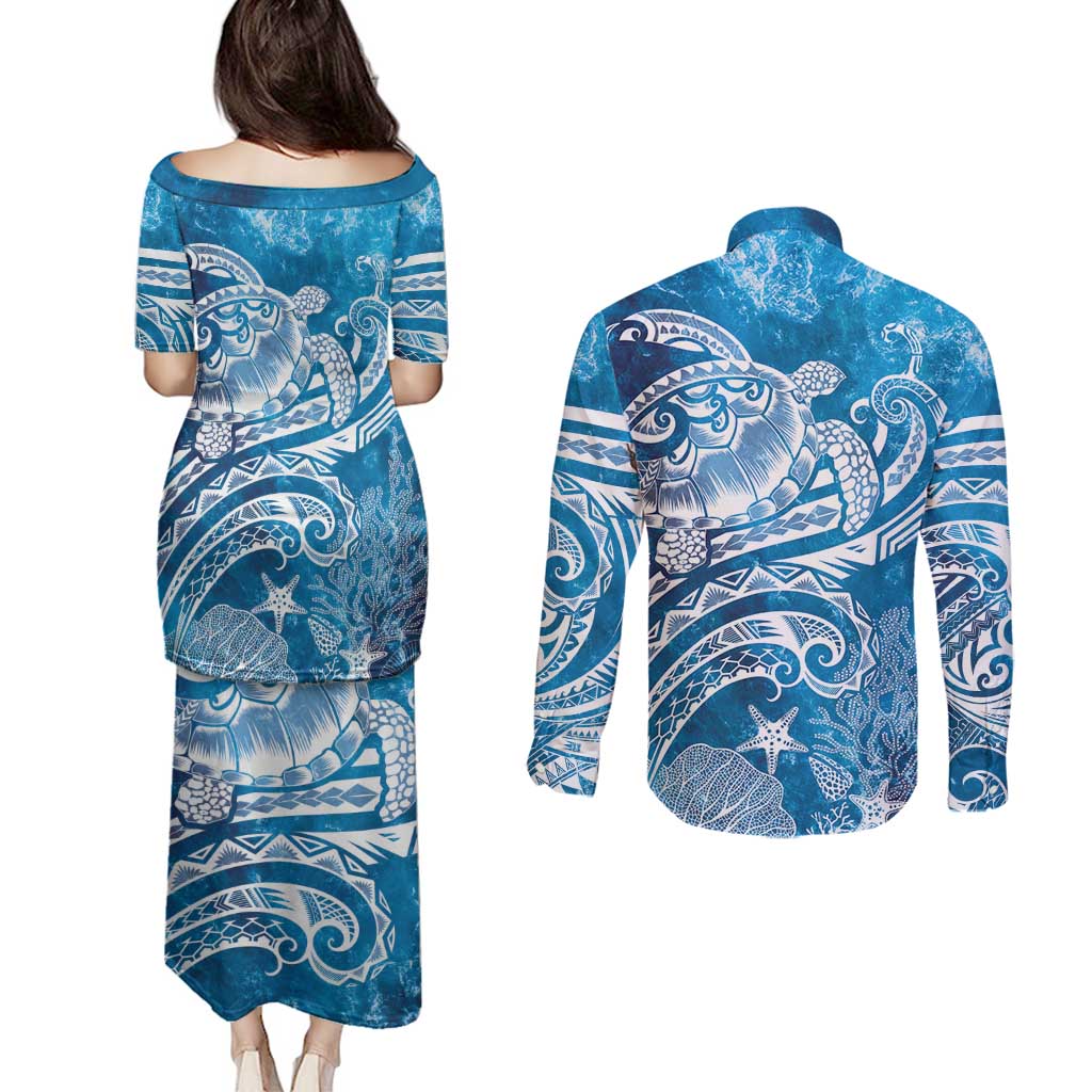 World Ocean Day Polynesian Pattern Couples Matching Puletasi and Long Sleeve Button Shirt Crystal Waves