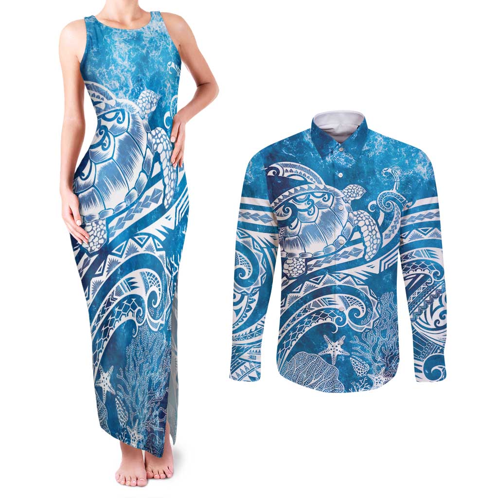 World Ocean Day Polynesian Pattern Couples Matching Tank Maxi Dress and Long Sleeve Button Shirt Crystal Waves