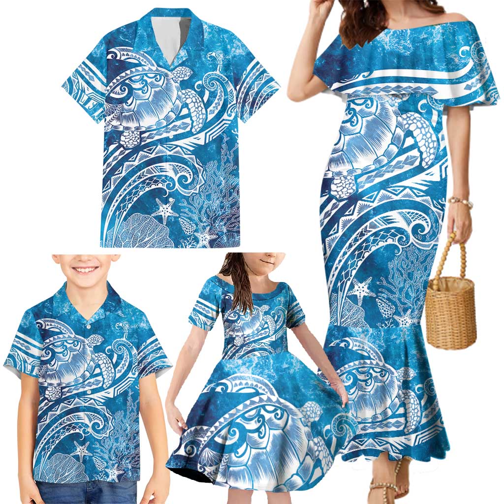 World Ocean Day Polynesian Pattern Family Matching Mermaid Dress and Hawaiian Shirt Crystal Waves