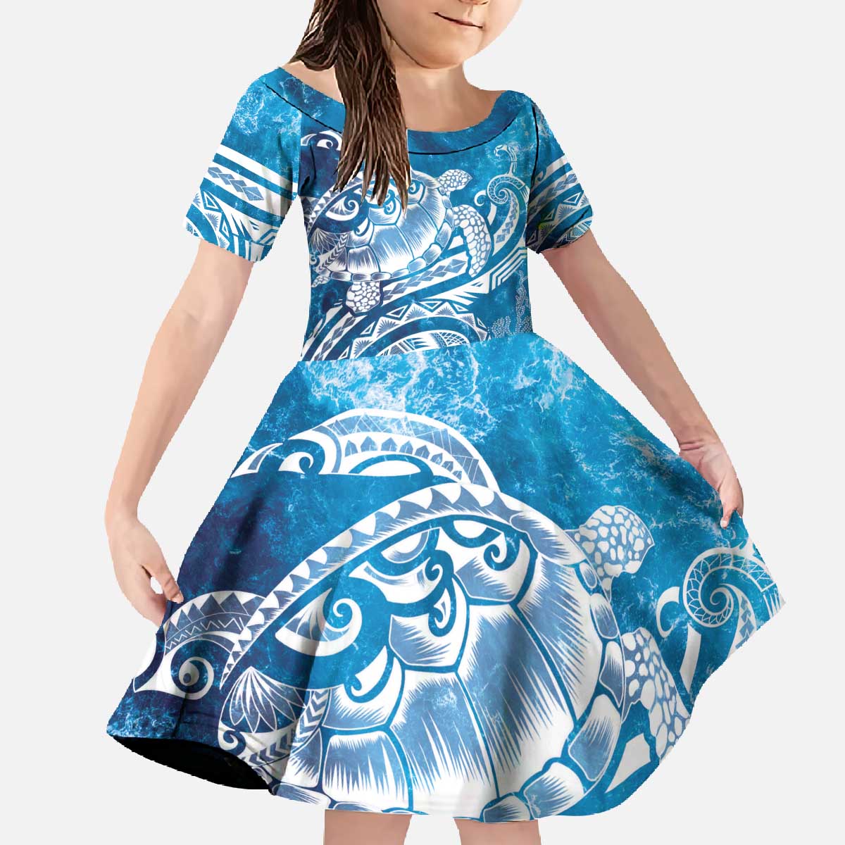 World Ocean Day Polynesian Pattern Family Matching Off The Shoulder Long Sleeve Dress and Hawaiian Shirt Crystal Waves
