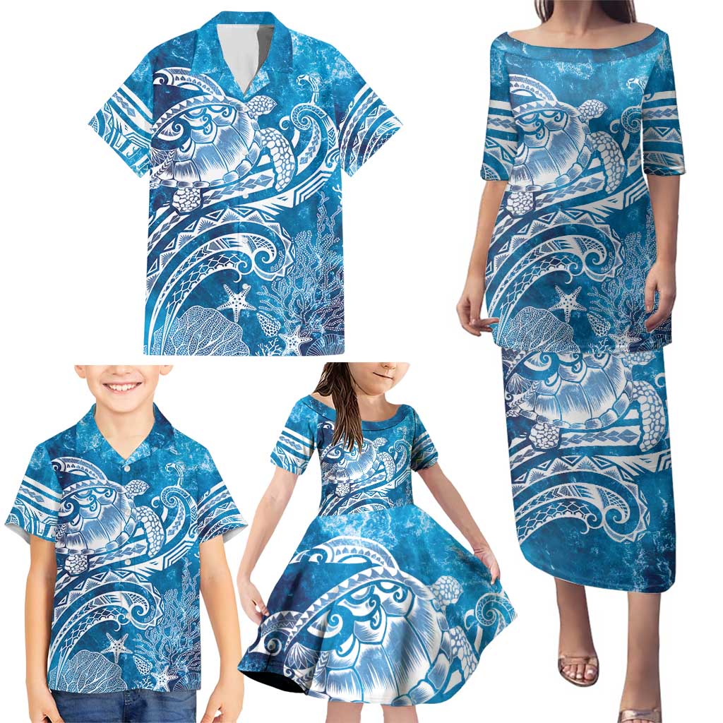 World Ocean Day Polynesian Pattern Family Matching Puletasi and Hawaiian Shirt Crystal Waves
