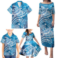 World Ocean Day Polynesian Pattern Family Matching Puletasi and Hawaiian Shirt Crystal Waves
