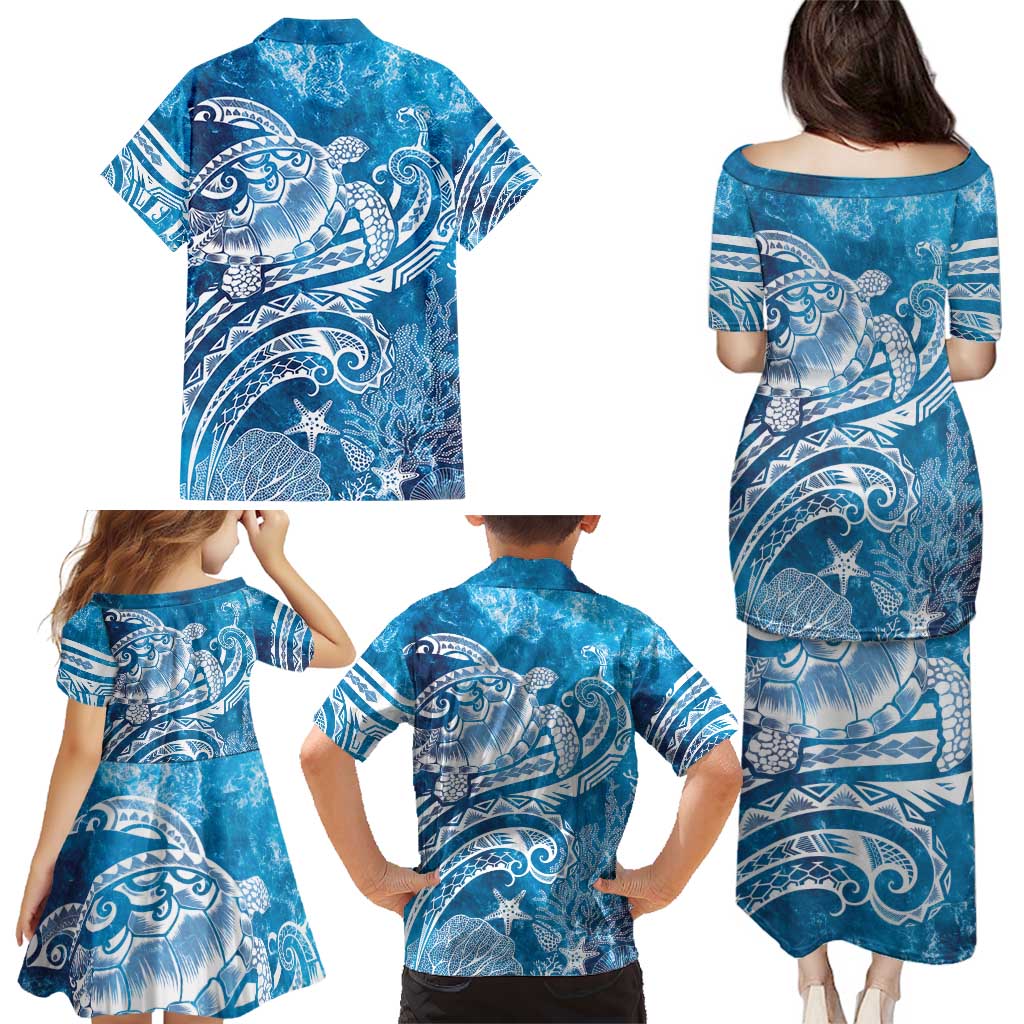 World Ocean Day Polynesian Pattern Family Matching Puletasi and Hawaiian Shirt Crystal Waves