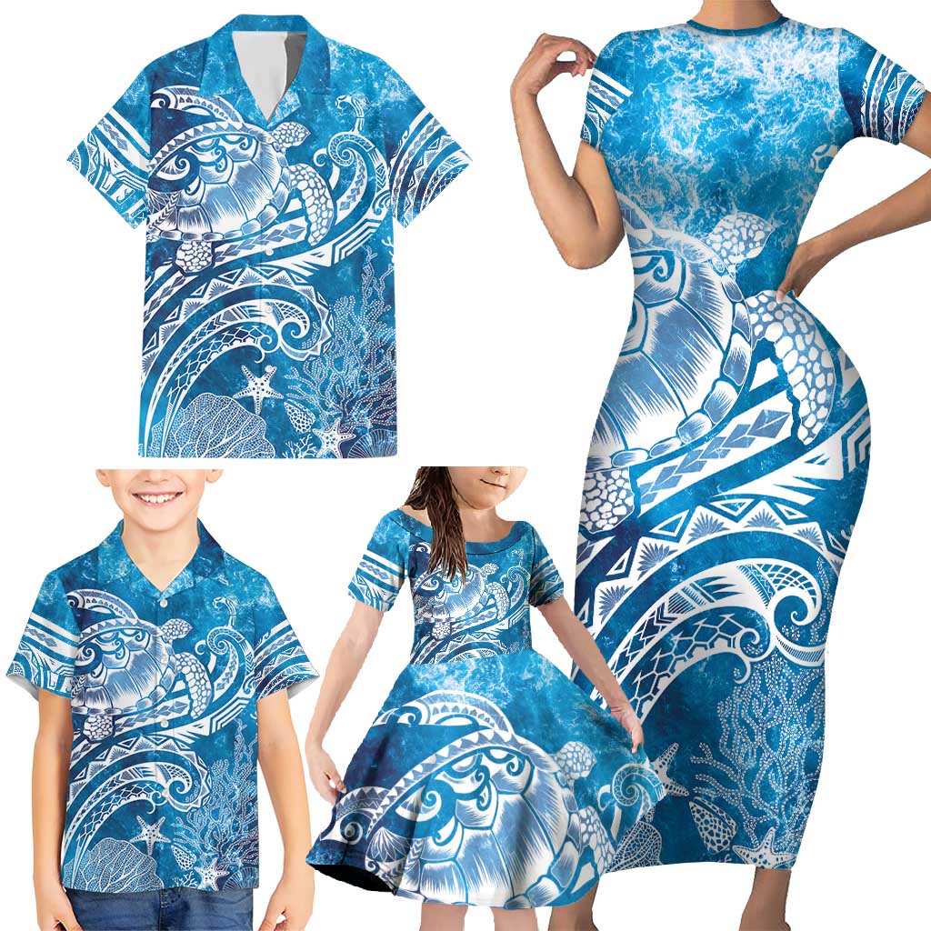 World Ocean Day Polynesian Pattern Family Matching Short Sleeve Bodycon Dress and Hawaiian Shirt Crystal Waves