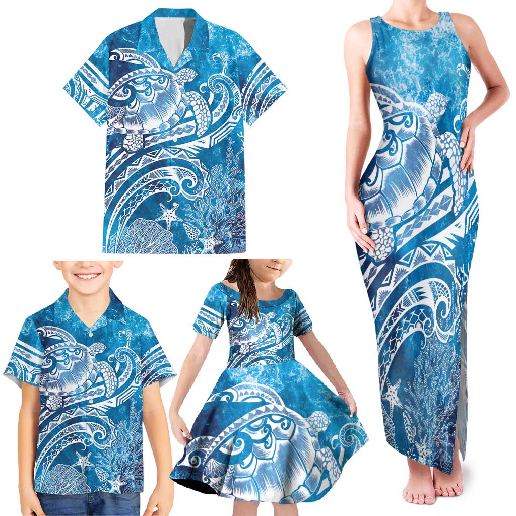 World Ocean Day Polynesian Pattern Family Matching Tank Maxi Dress and Hawaiian Shirt Crystal Waves