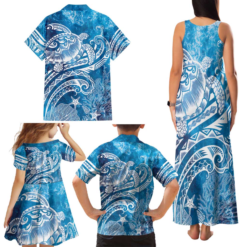 World Ocean Day Polynesian Pattern Family Matching Tank Maxi Dress and Hawaiian Shirt Crystal Waves
