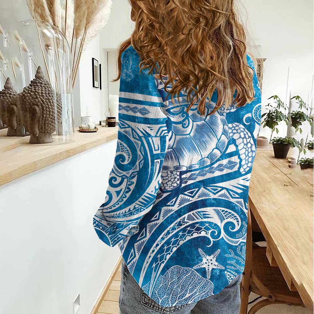 World Ocean Day Polynesian Pattern Women Casual Shirt Crystal Waves