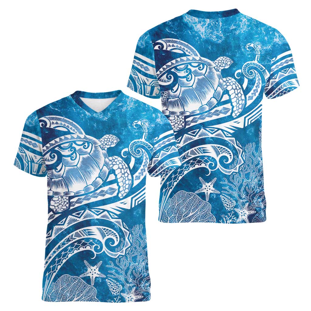 World Ocean Day Polynesian Pattern Women V-Neck T-Shirt Crystal Waves
