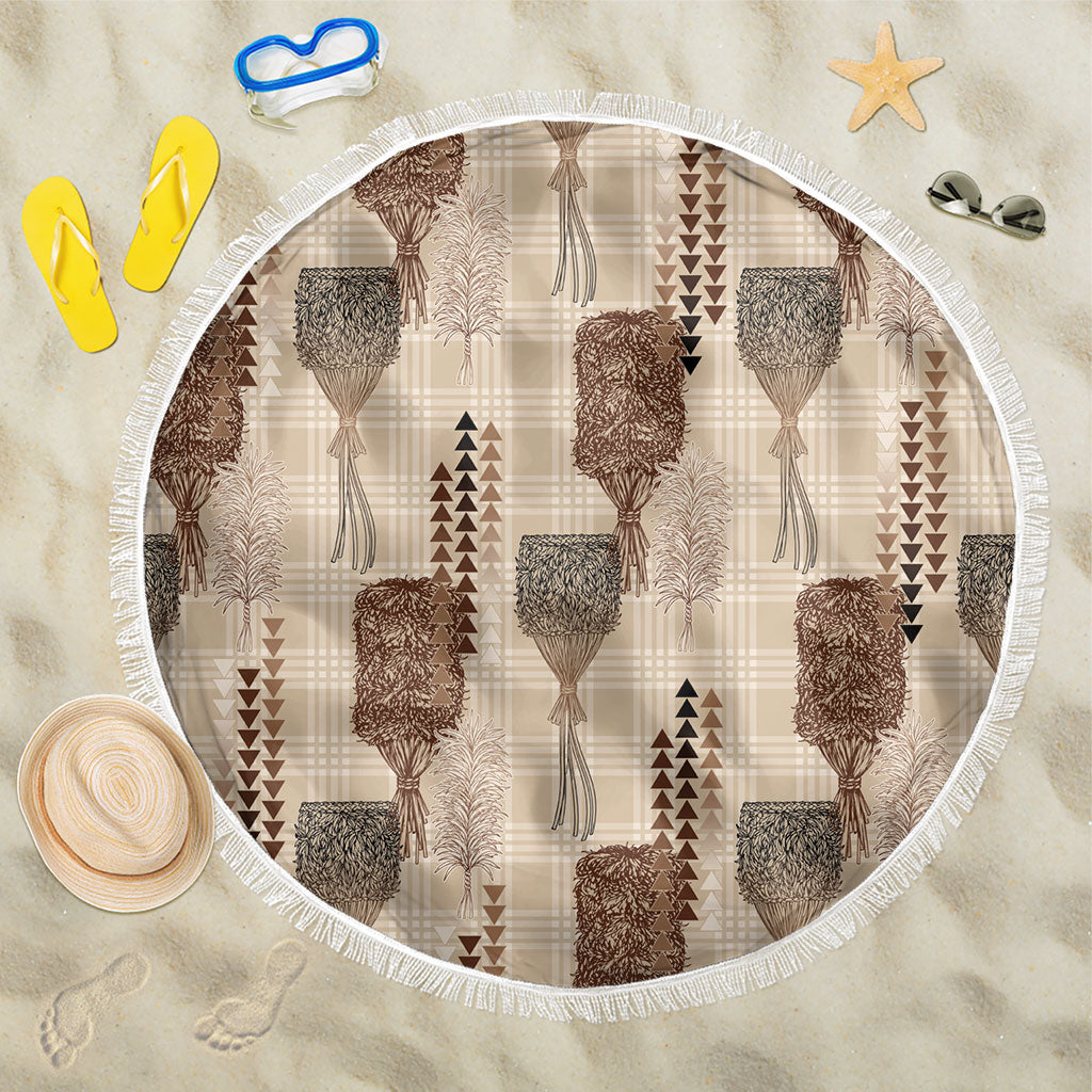 Aloha Hawaii Vintage Kahili Pa'a Lima Beach Blanket Palaka Print Cozy Beige