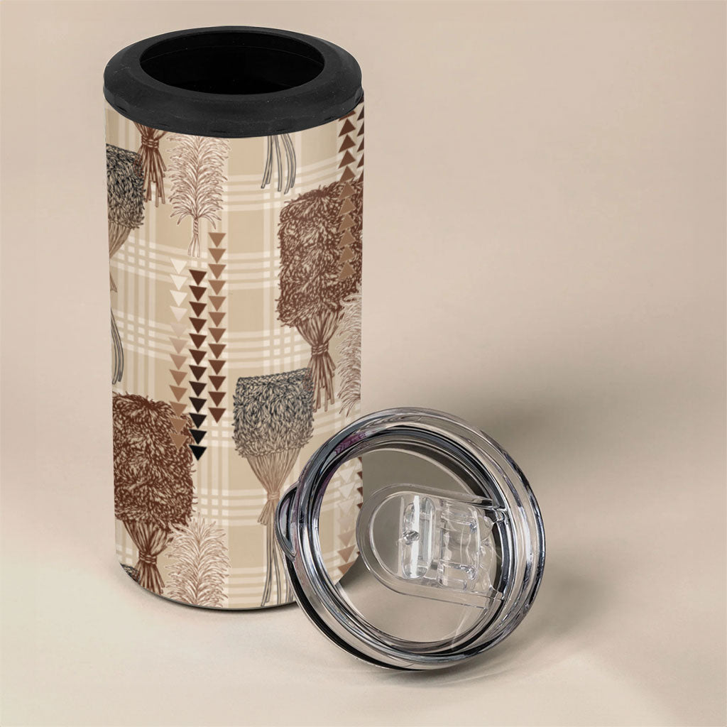 Aloha Hawaii Vintage Kahili Pa'a Lima 4 in 1 Can Cooler Tumbler Palaka Print Cozy Beige