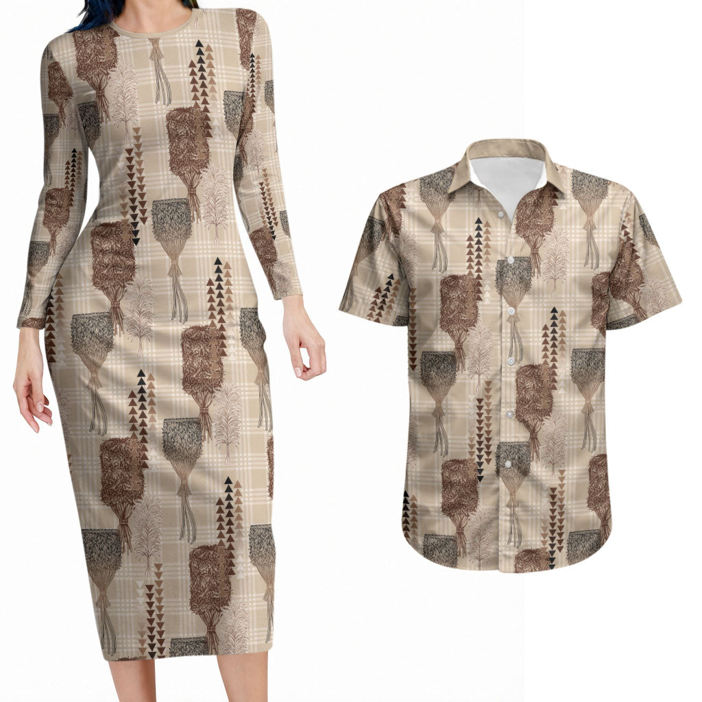 Aloha Hawaii Vintage Kahili Pa'a Lima Couples Matching Long Sleeve Bodycon Dress and Hawaiian Shirt Palaka Print Cozy Beige