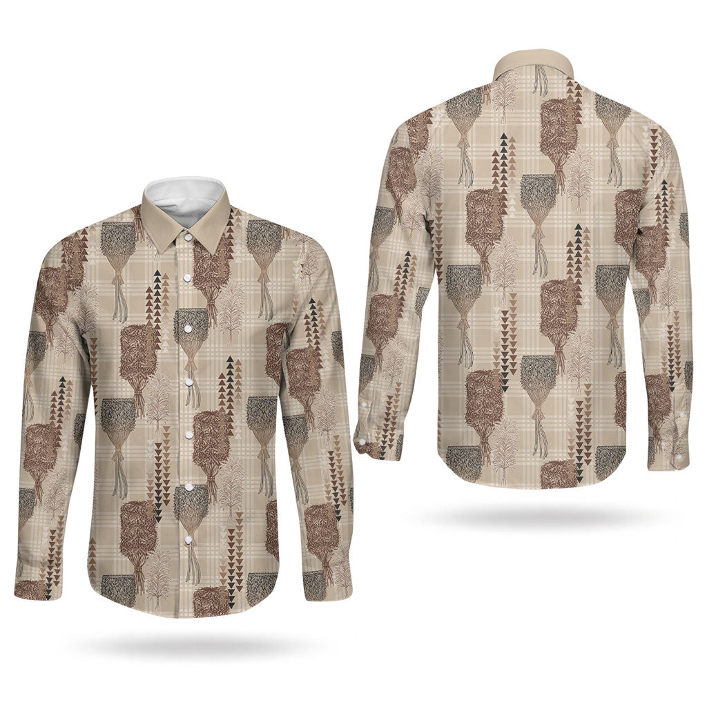 Aloha Hawaii Vintage Kahili Pa'a Lima Couples Matching Mermaid Dress and Long Sleeve Button Shirt Palaka Print Cozy Beige