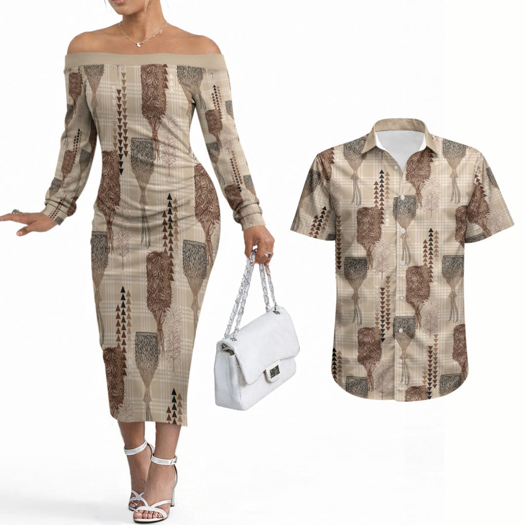 Aloha Hawaii Vintage Kahili Pa'a Lima Couples Matching Off The Shoulder Long Sleeve Dress and Hawaiian Shirt Palaka Print Cozy Beige LT7 Beige - Polynesian Pride