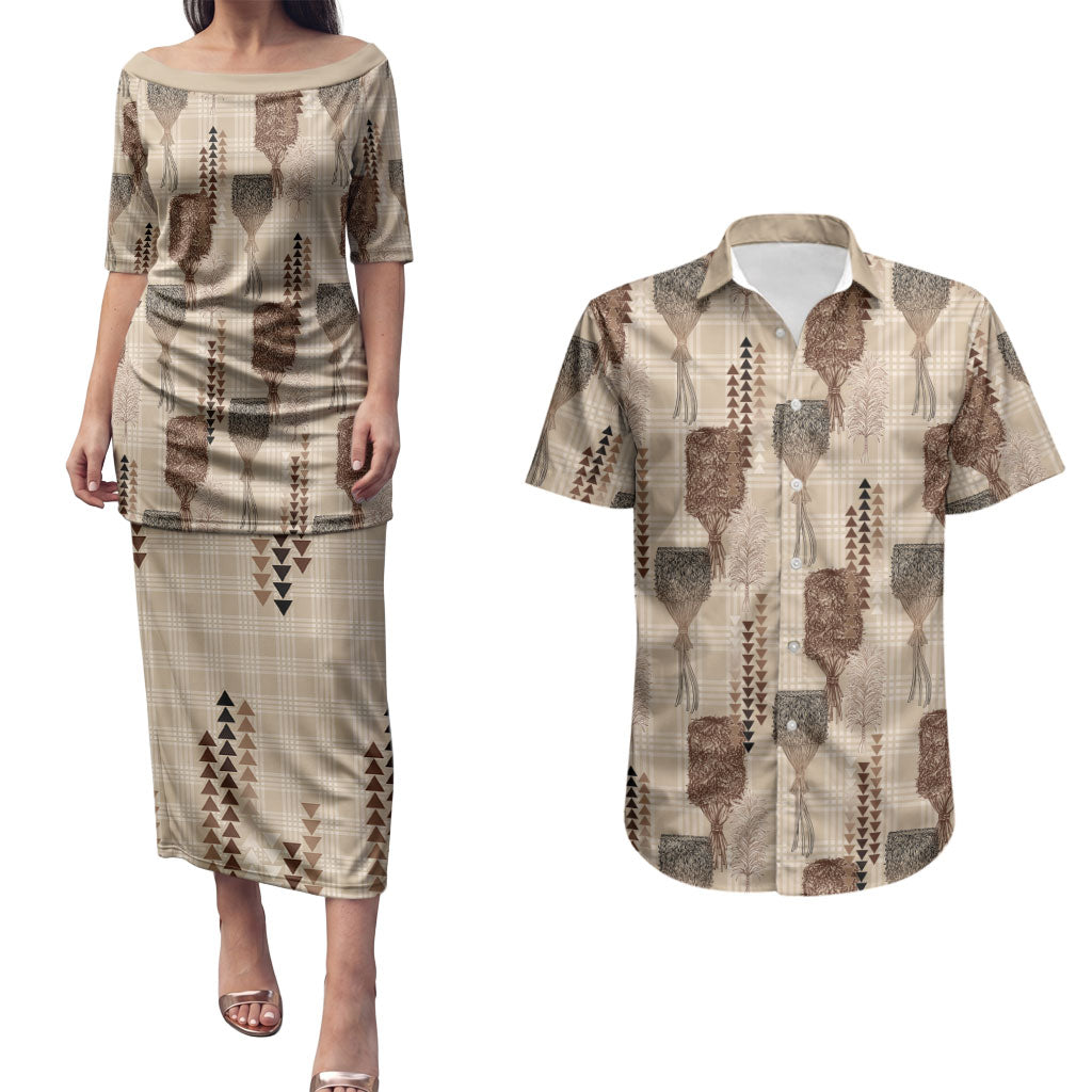 Aloha Hawaii Vintage Kahili Pa'a Lima Couples Matching Puletasi and Hawaiian Shirt Palaka Print Cozy Beige LT7 Beige - Polynesian Pride