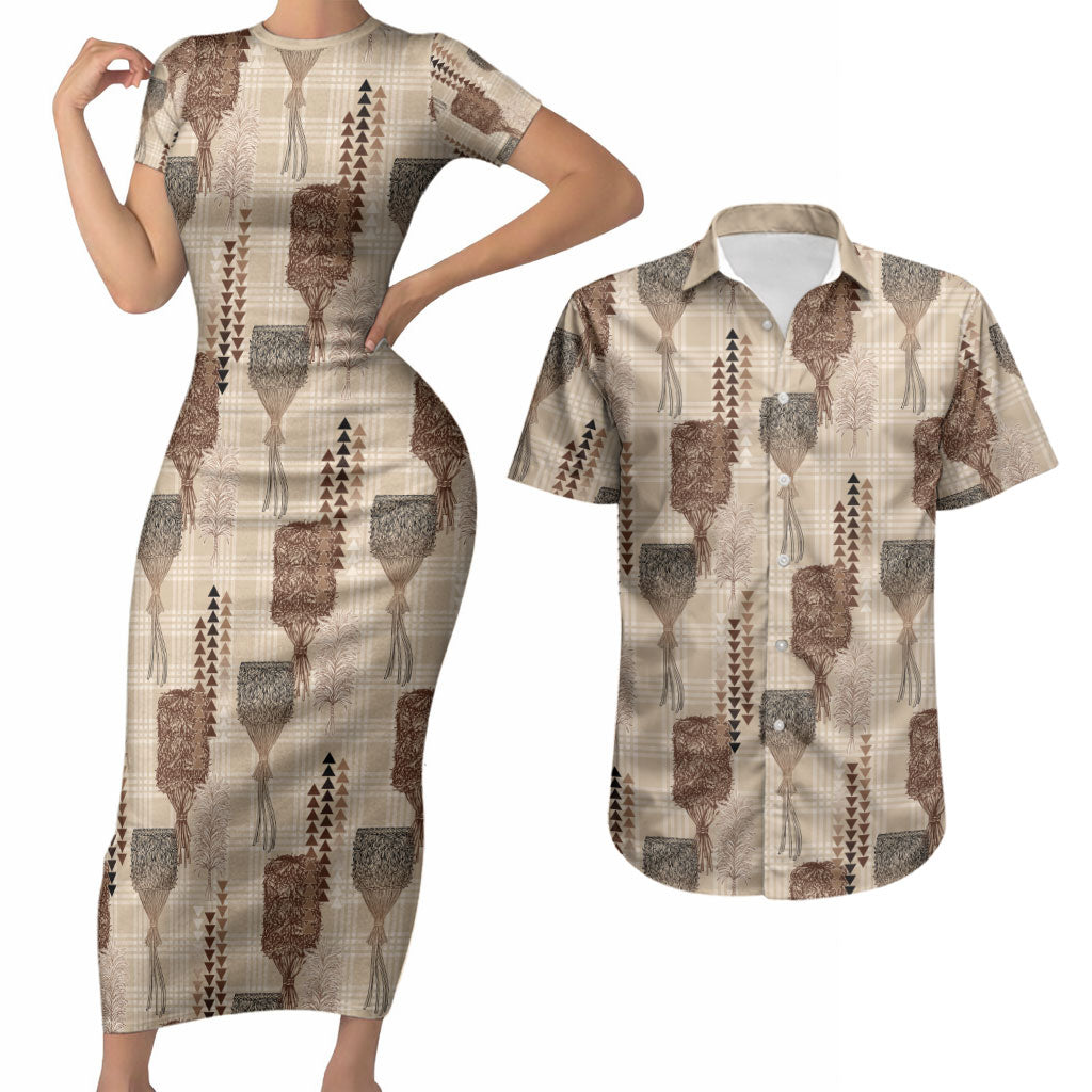 Aloha Hawaii Vintage Kahili Pa'a Lima Couples Matching Short Sleeve Bodycon Dress and Hawaiian Shirt Palaka Print Cozy Beige LT7 Beige - Polynesian Pride