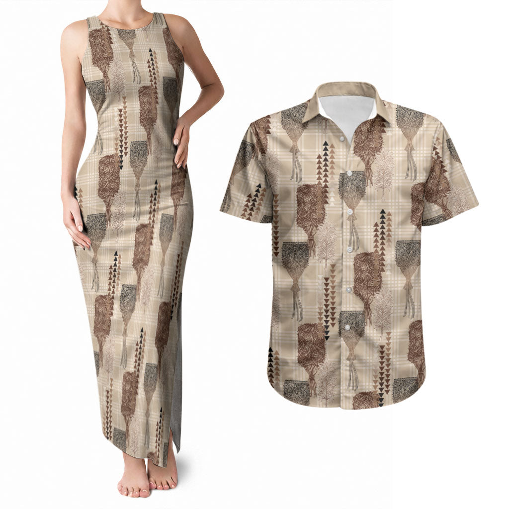 Aloha Hawaii Vintage Kahili Pa'a Lima Couples Matching Tank Maxi Dress and Hawaiian Shirt Palaka Print Cozy Beige LT7 Beige - Polynesian Pride