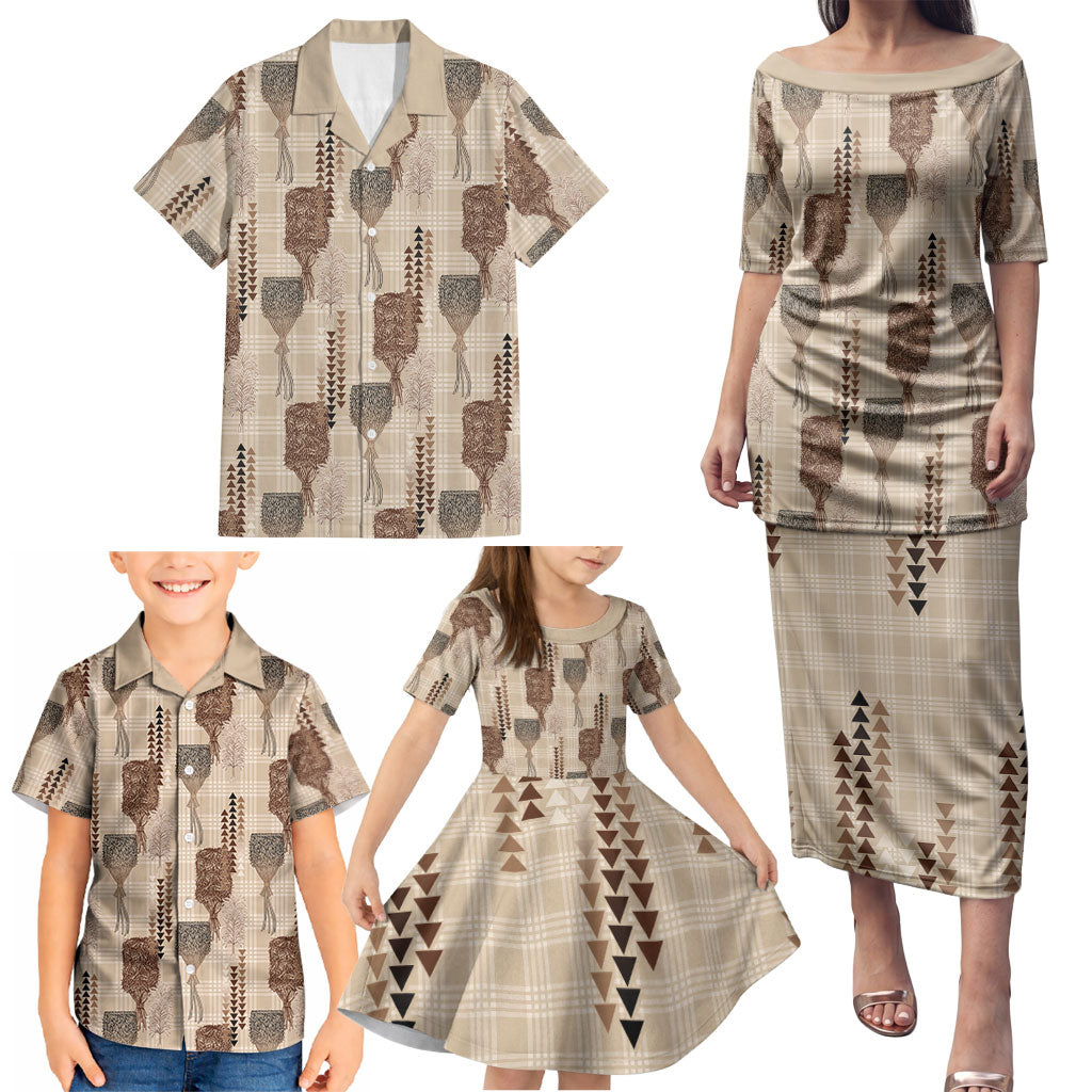 Aloha Hawaii Vintage Kahili Pa'a Lima Family Matching Puletasi and Hawaiian Shirt Palaka Print Cozy Beige