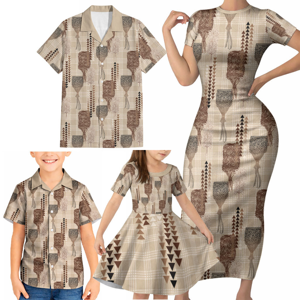 Aloha Hawaii Vintage Kahili Pa'a Lima Family Matching Short Sleeve Bodycon Dress and Hawaiian Shirt Palaka Print Cozy Beige LT7 - Polynesian Pride